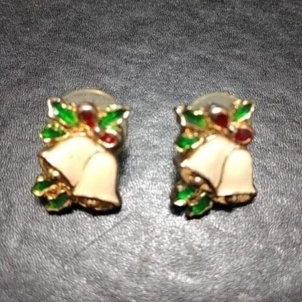 Gold tone jingle bell enamel earrings cream red green